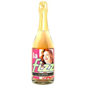 Bottle of 'la fizz' sparkling raspberry drink with a colorful label on a white background