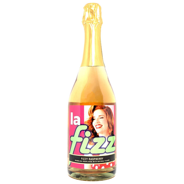 Bottle of 'la fizz' sparkling raspberry drink with a colorful label on a white background