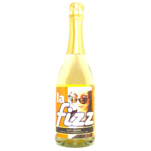 Bottle of La Fizz Almond Sparklng wine with a colorful label on a white background