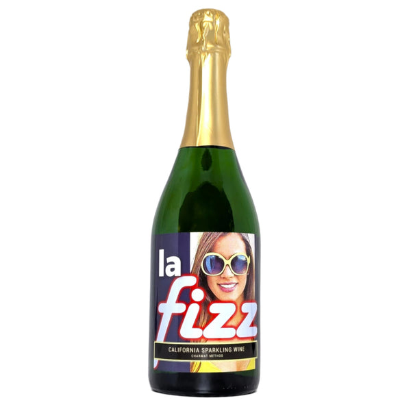 Bottle of La Fizz California Sparkling wine with a colorful label featuring a woman's face on a white background
