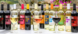 A lineup of La Mesa wine bottles and matching wine glasses on a white table, set against a scenic outdoor background of mountains, rocks, and cloudy skies.