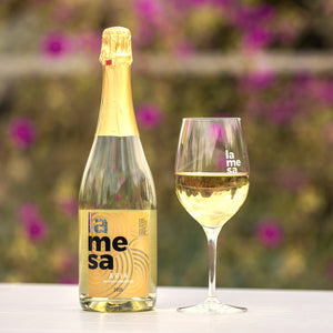 A bottle of La Mesa Aria sparkling white wine with a gold foil and yellow label stands next to a clear wine glass filled with pale golden wine, set on a terrasse table with a blurred garden background of green foliage and pink flowers.