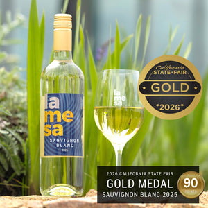 Sauvignon Blanc with California State Fair gold award on outdoor terrace with wine glass
