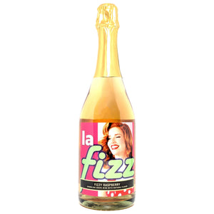 Bottle of 'la fizz' sparkling raspberry drink with a colorful label on a white background