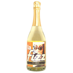 Bottle of La Fizz Almond Sparklng wine with a colorful label on a white background