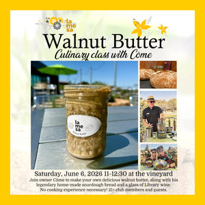 Advertisement for a walnut butter culinary class with La Meesa, featuring a jar of walnut butter and images of bread and a person cooking.