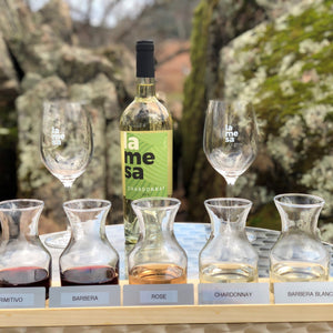 Chardonnay 2019 in our outdoors tasting flight. We taste using carafes so you can go at your own pace, compare back and forth colors, aromas and taste.
